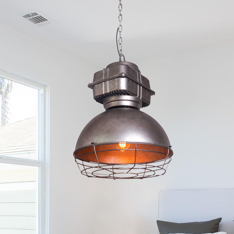 Vintage Dome -Anhänger Deckenleuchte 1 Kopf Metallic Hanging Lamp in Silber mit Käfig