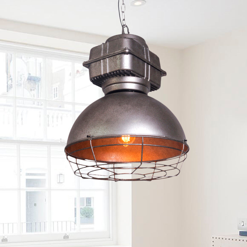 Vintage Dome Pendant Ceiling Light 1 Head Metallic Hanging Lamp in Silver with Cage