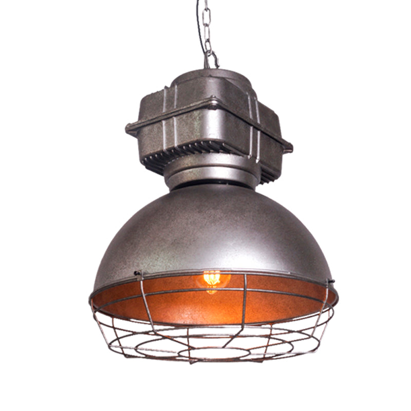 Plafond pendentif de dôme vintage 1 tête lampe de suspension métallique en argent avec cage