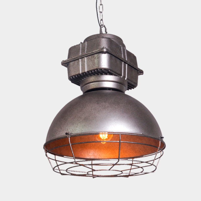 Vintage Dome Pendant Ceiling Light 1 Head Metallic Hanging Lamp in Silver with Cage