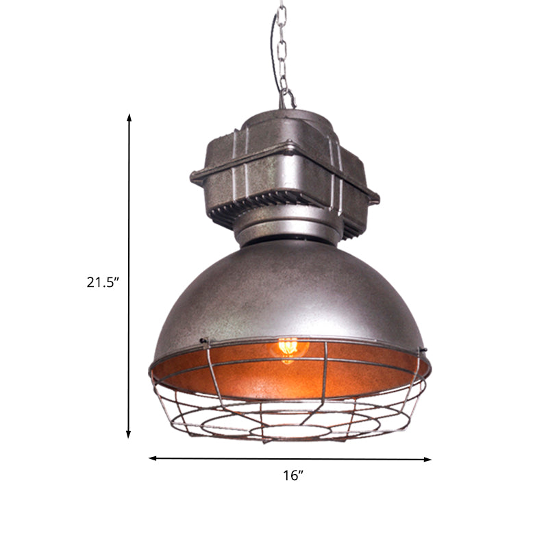 Luce del soffitto a sospensione a cupola vintage 1 testa lampada sospesa metallica in argento con gabbia