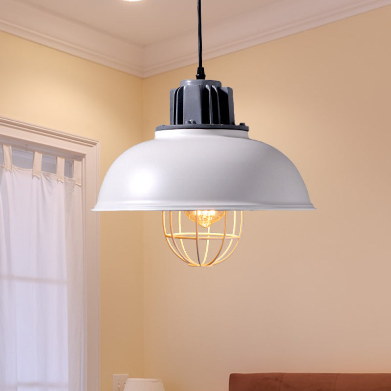 White Domed Drop Pendant Lamp Industrial Metal 1-Bulb Restaurant Ceiling Suspension Lamp