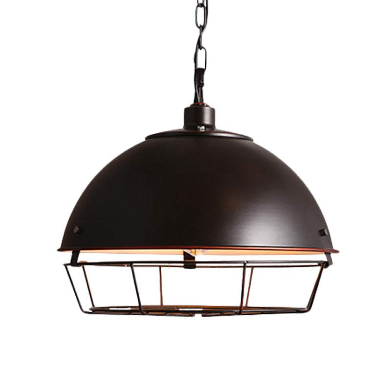 Iron Dome Hanging Lamp Farmhouse 1 Bulb Dining Room Pendant Lighting in Black/Rust/Silver with Cage