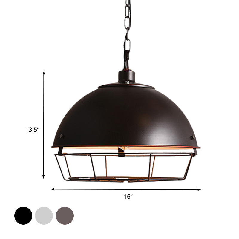 Iron Dome Hanging Lamp Farmhouse 1 Bulb Dining Room Pendant Lighting in Black/Rust/Silver with Cage