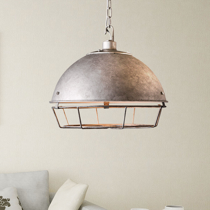 Iron Dome Hanging Lamp Farmhouse 1 Bulb Dining Room Pendant Lighting in Black/Rust/Silver with Cage