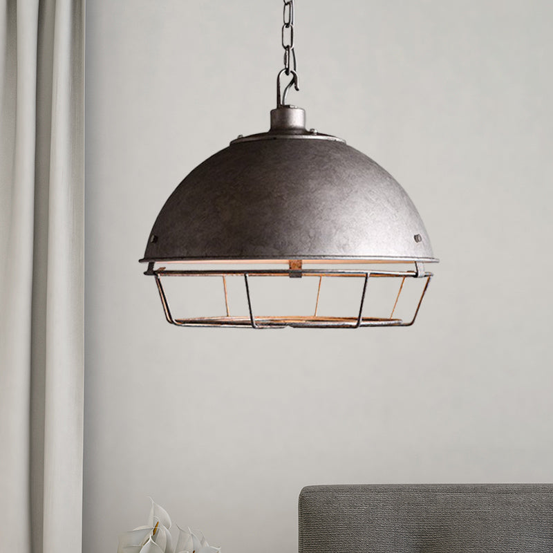 Iron Dome Hanging Lamp Farmhouse 1 Bulb Dining Room Pendant Lighting in Black/Rust/Silver with Cage