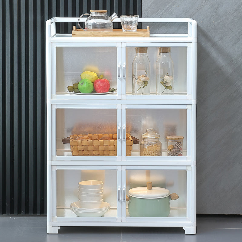 White Metal Sideboard with Glass Doors Modern Indoor Dining Server with Cabinets