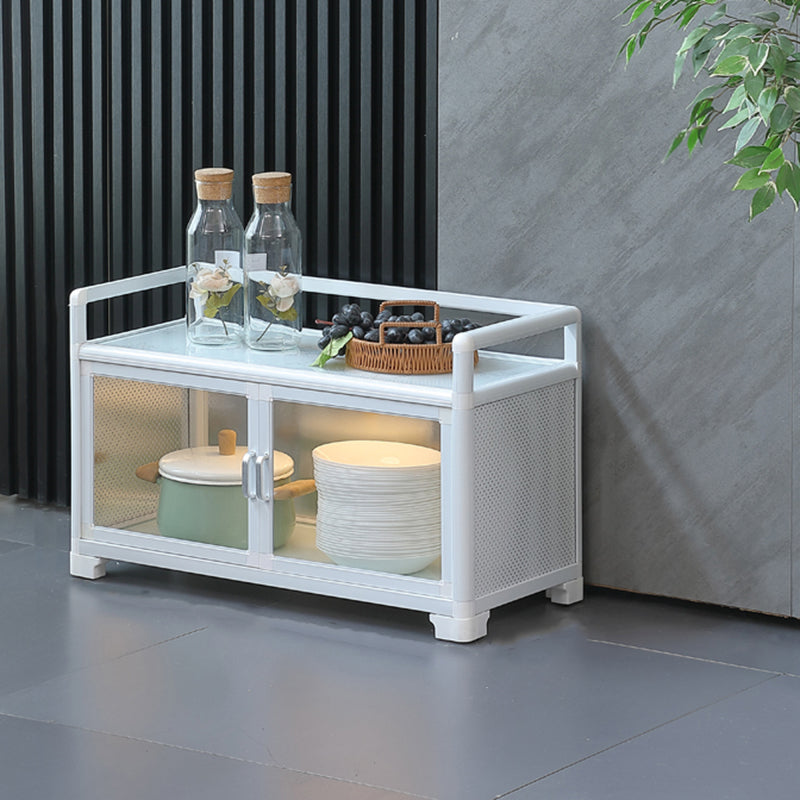 White Metal Sideboard with Glass Doors Modern Indoor Dining Server with Cabinets