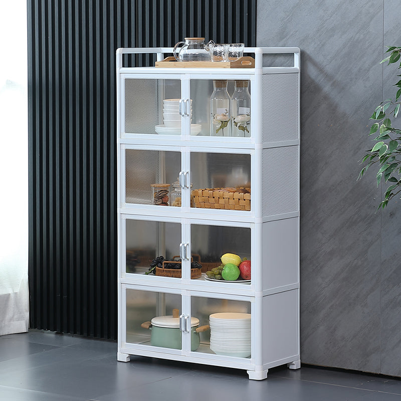 White Metal Sideboard with Glass Doors Modern Indoor Dining Server with Cabinets