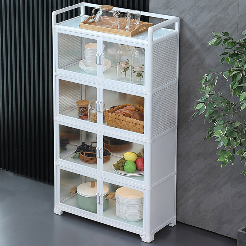 White Metal Sideboard with Glass Doors Modern Indoor Dining Server with Cabinets