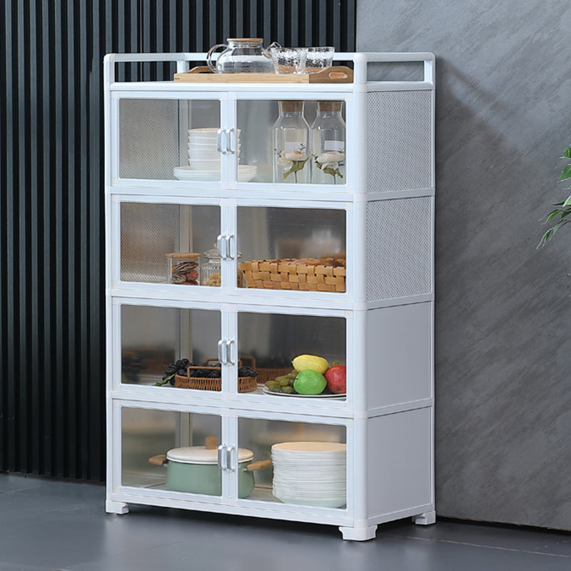 White Metal Sideboard with Glass Doors Modern Indoor Dining Server with Cabinets