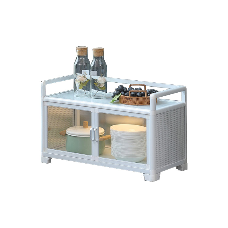 White Metal Sideboard with Glass Doors Modern Indoor Dining Server with Cabinets