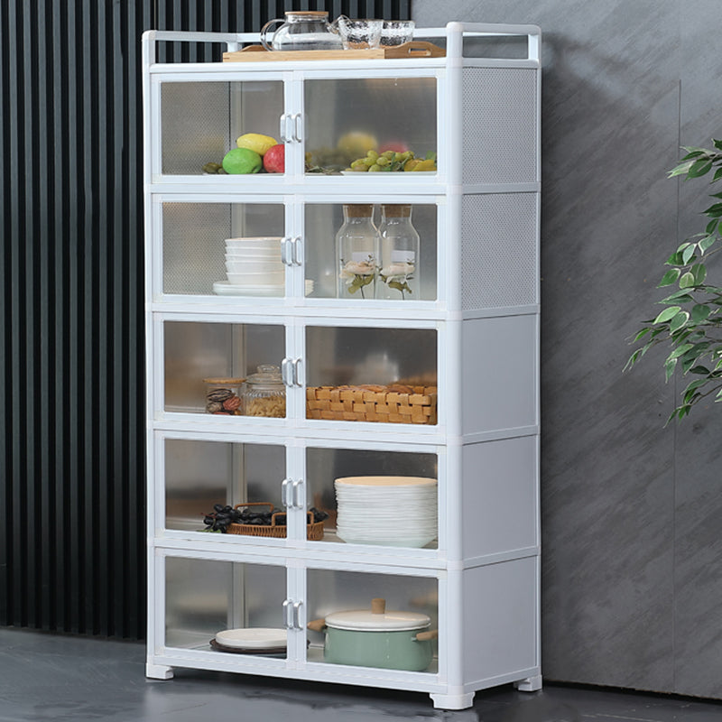 White Metal Sideboard with Glass Doors Modern Indoor Dining Server with Cabinets