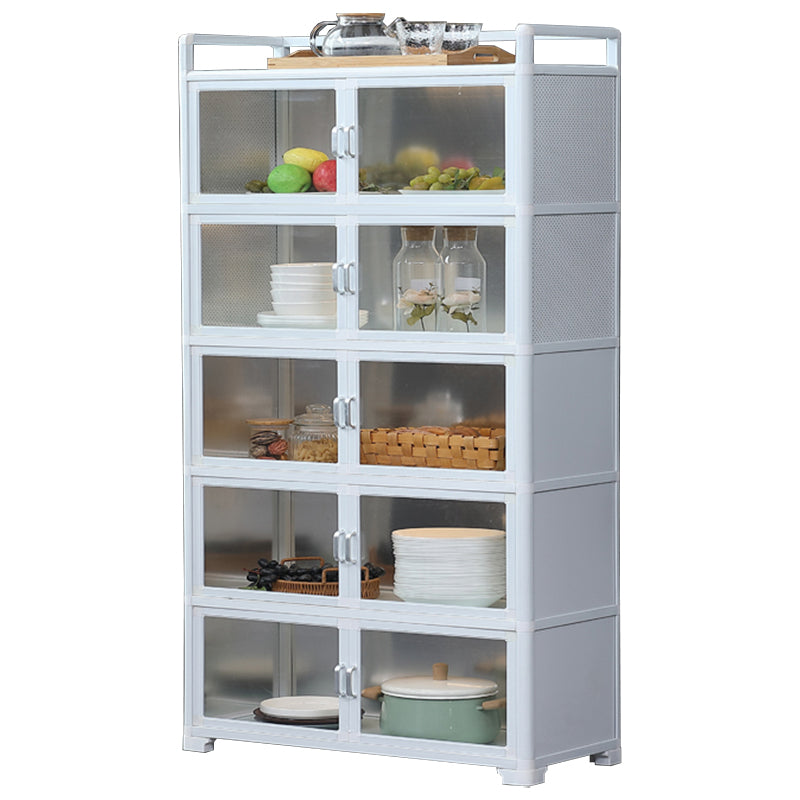 White Metal Sideboard with Glass Doors Modern Indoor Dining Server with Cabinets