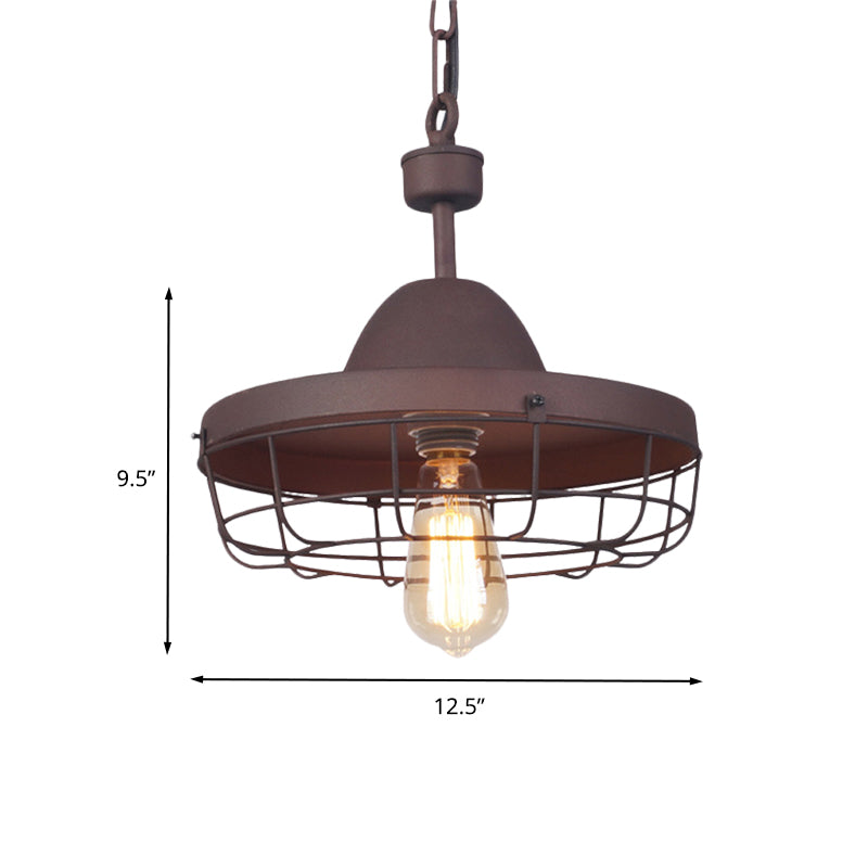 Rust 1 Light Pendant Lighting Antiqued Metal Barn Shade Suspension Lamp with Cage