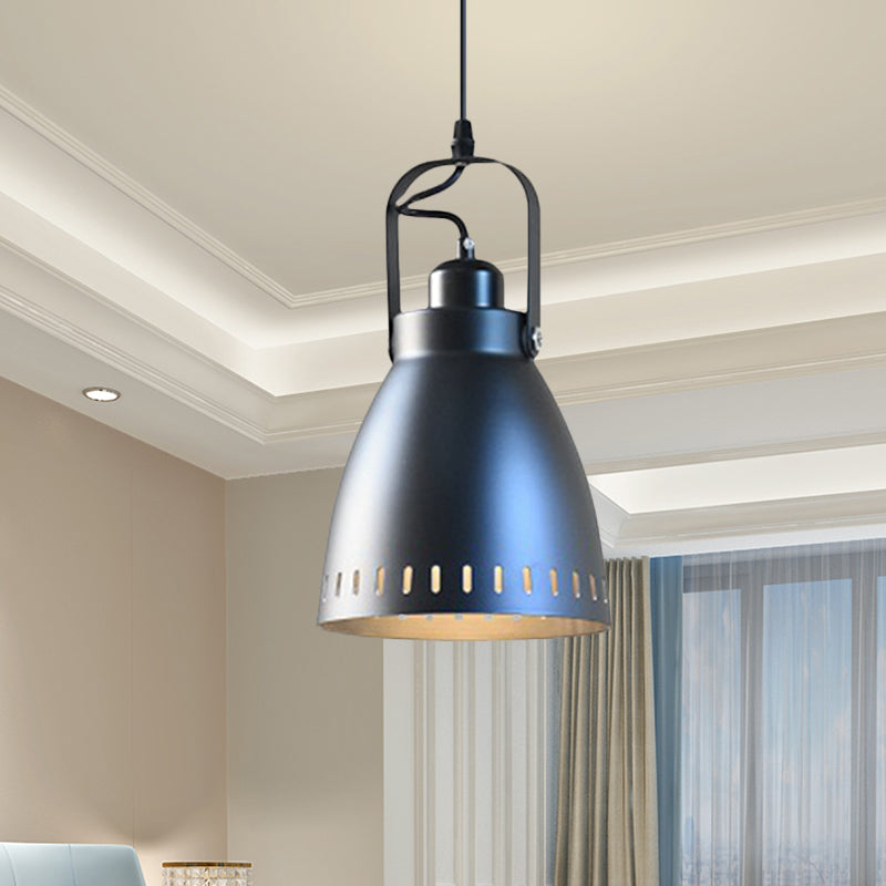 1-Bulb Hanging Light Fixture Industrial Small Bell Metallic Drop Pendant Lamp in Black with Handle