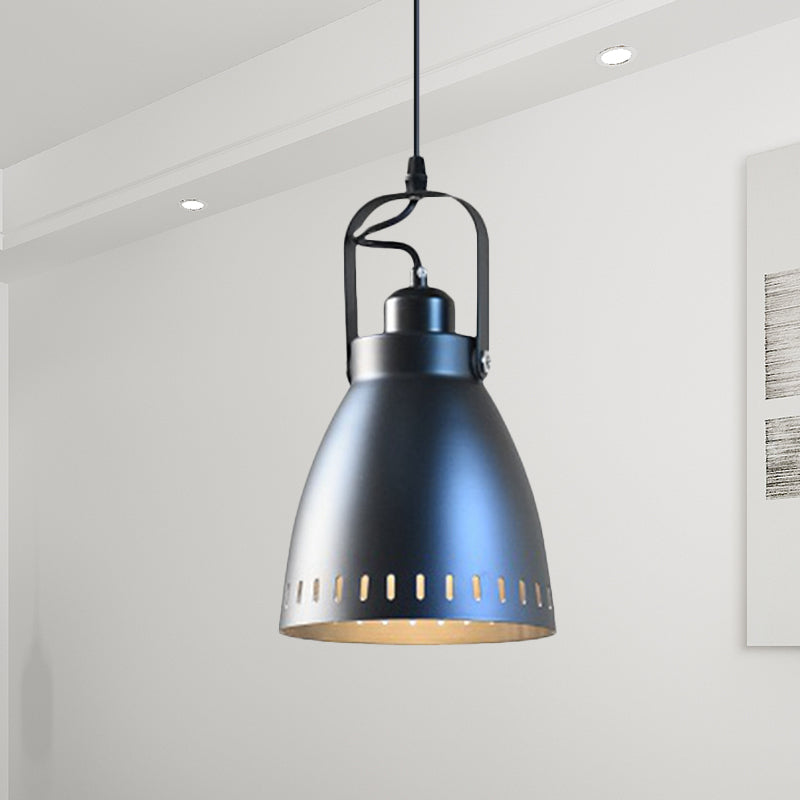 1-Bulb Hanging Light Fixture Industrial Small Bell Metallic Drop Pendant Lamp in Black with Handle