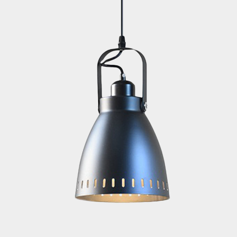 1-Bulb Hanging Light Fixture Industrial Small Bell Metallic Drop Pendant Lamp in Black with Handle