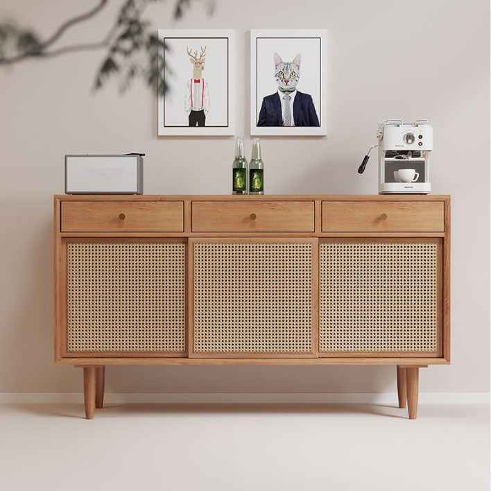 Contemporary Pine Wood Sideboard with Cabinets and Drawers Brown Dining Buffet for Home