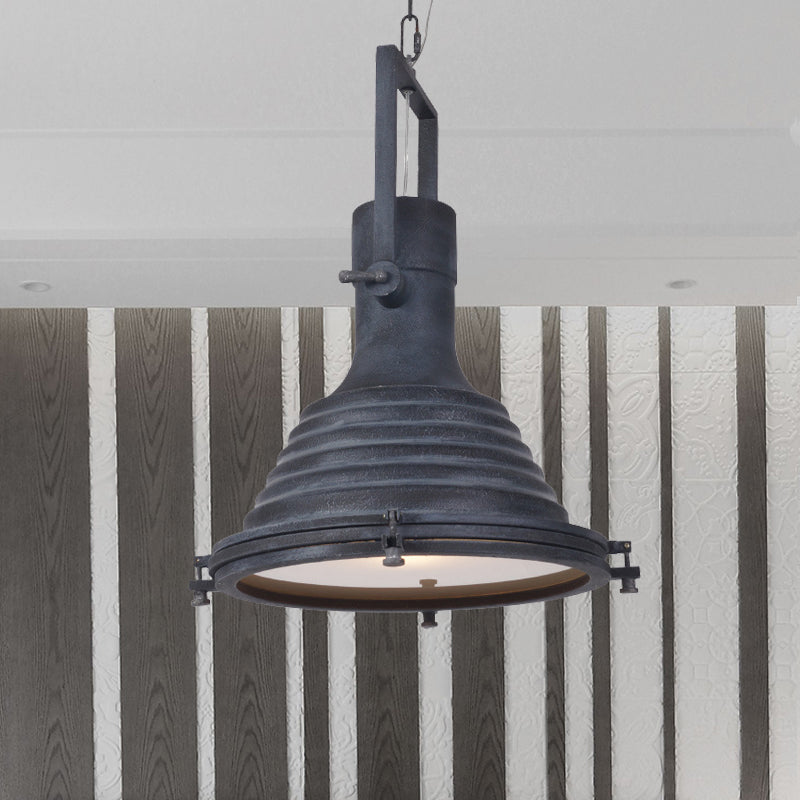 Industrial Ribbed Conical Suspension Light 1 Bulb Metallic Hanging Ceiling Lamp in Black with Handle