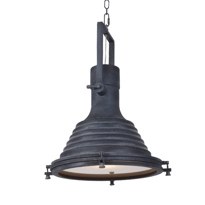 Industrieel geribbelde conische suspensie Licht 1 lamp metallic hangende plafondlamp in zwart met handvat