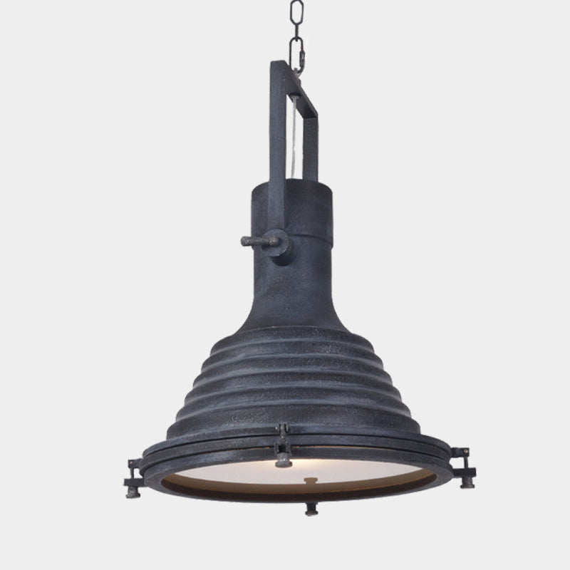 Industrial Rippen konische Suspension Licht 1 Glühbirnenmetallische Deckenlampe in Schwarz mit Griff