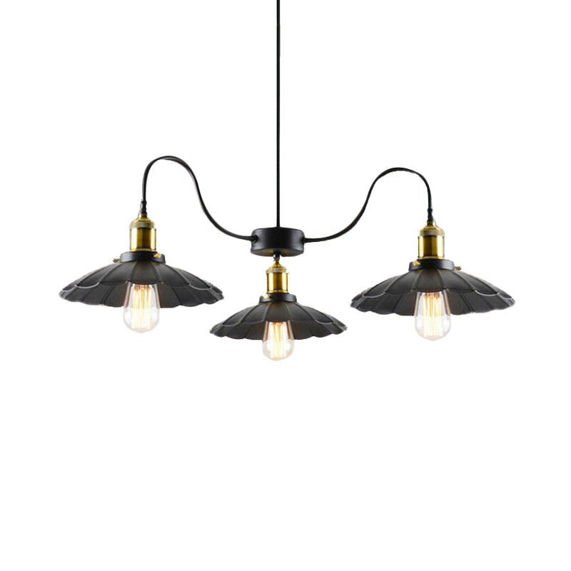 3 Heads Gooseneck Arm Hanging Light Vintage Black Iron Ceiling Chandelier with Scalloped Shade