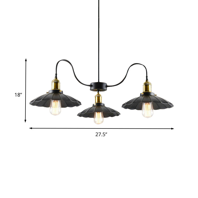 3 Heads Gooseneck Arm Hanging Light Vintage Black Iron Ceiling Chandelier with Scalloped Shade