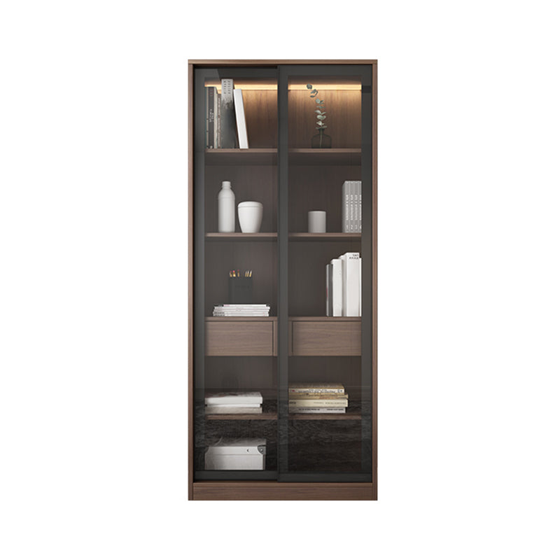 Faux Wood Modern Storage Cabinet Glass Sliding Doors Display Cabinet for Living Room