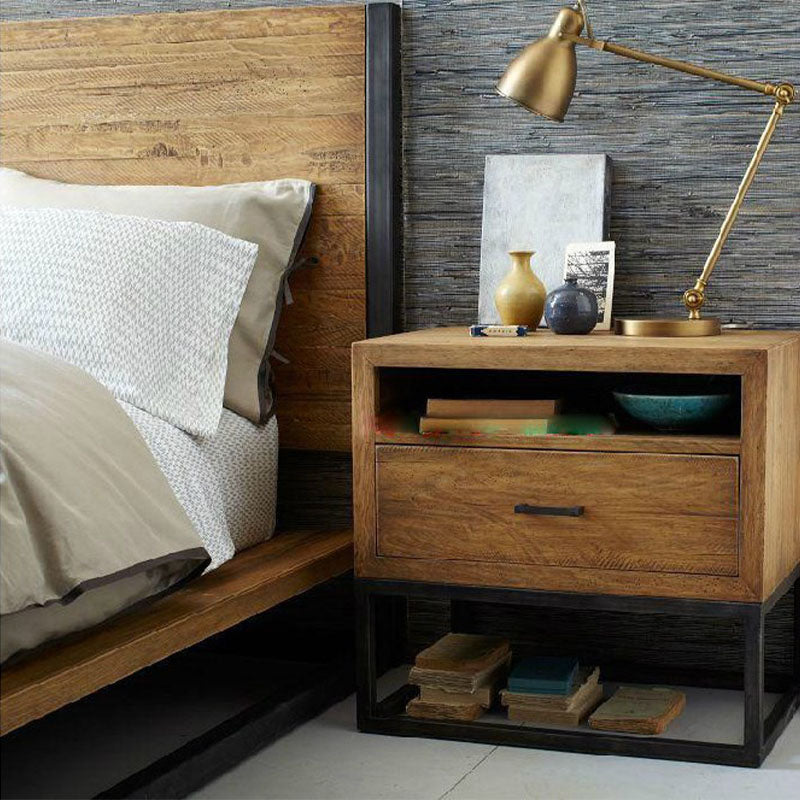 Industrial Pine Bed Nightstand Drawer Storage Night Table for Bedroom