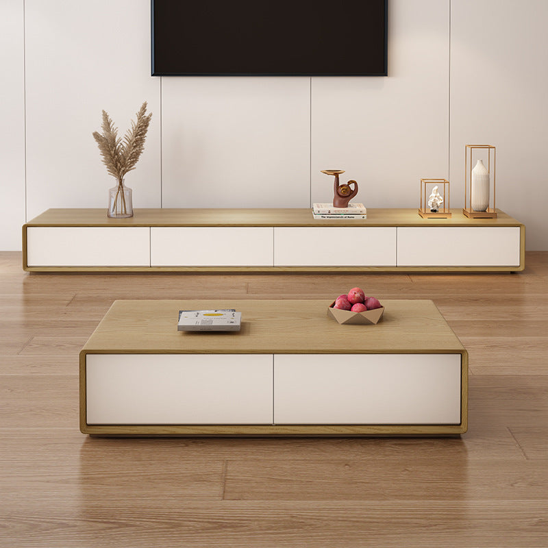 Natural and White Wood Media Console with Drawers Contemporary Faux Wood TV Media Stand