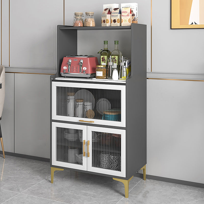 Stone and Wood Buffet Sideboard Modern Open Storage with Glass Doors