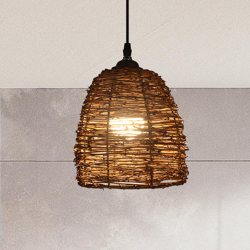 Conic Hanging Lamp Contemporary Style Rattan 1 Head Beige/Brown Suspension Light for Dining Room