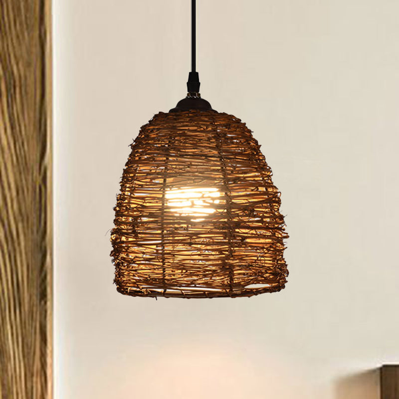 Conic Hanging Lamp Contemporary Style Rattan 1 Head Beige/Brown Suspension Light for Dining Room