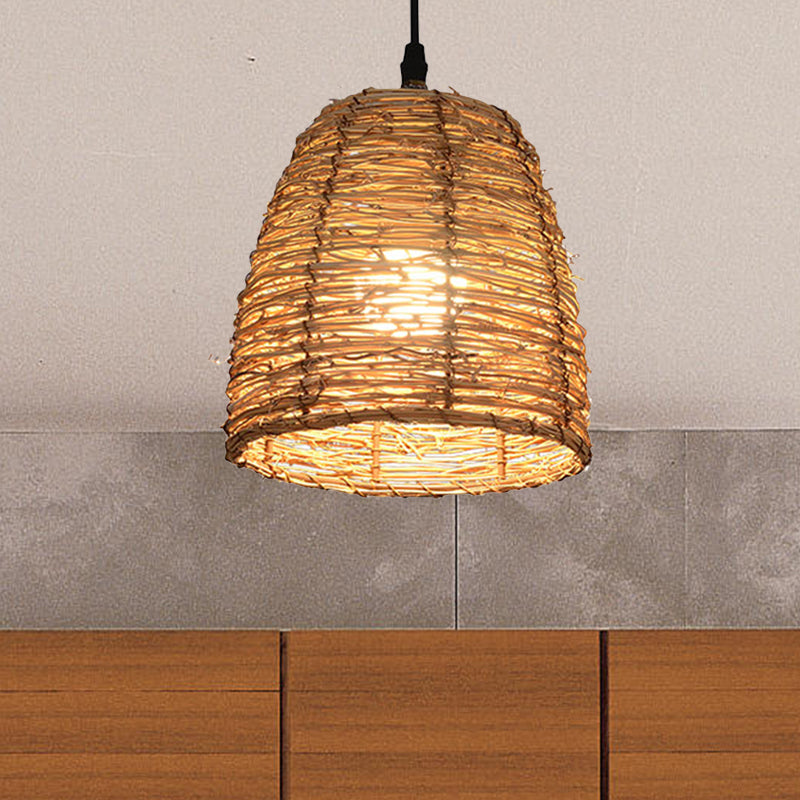 Conic Hanging Lamp Contemporary Style Rattan 1 Head Beige/Brown Suspension Light for Dining Room