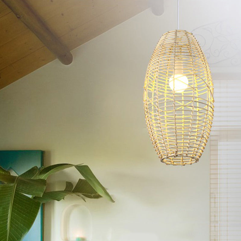 Beige/Brown Ellipse Hanging Pendant Rustic Woven Rattan 1-Light Suspended Lamp for Restaurant Cafe