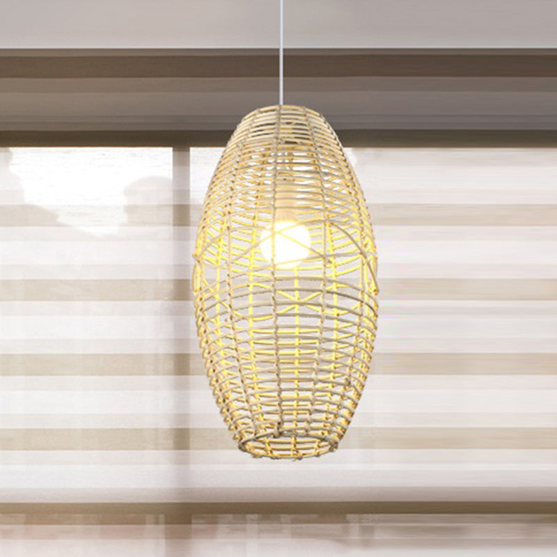 Beige/Brown Ellipse Hanging Pendant Rustic Woven Rattan 1-Light Suspended Lamp for Restaurant Cafe