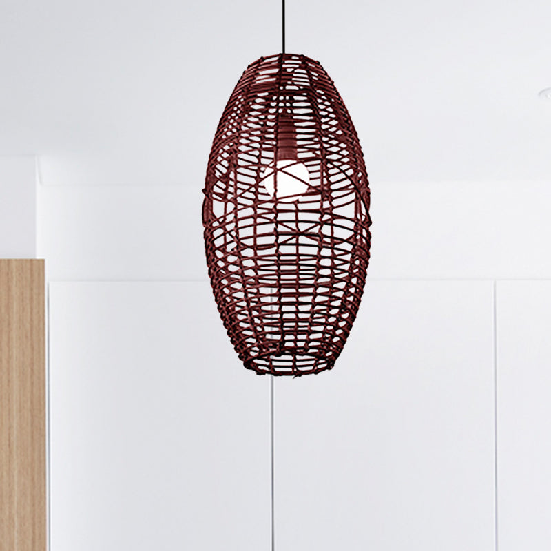 Beige/Brown Ellipse Hanging Pendant Rustic Woven Rattan 1-Light Suspended Lamp for Restaurant Cafe