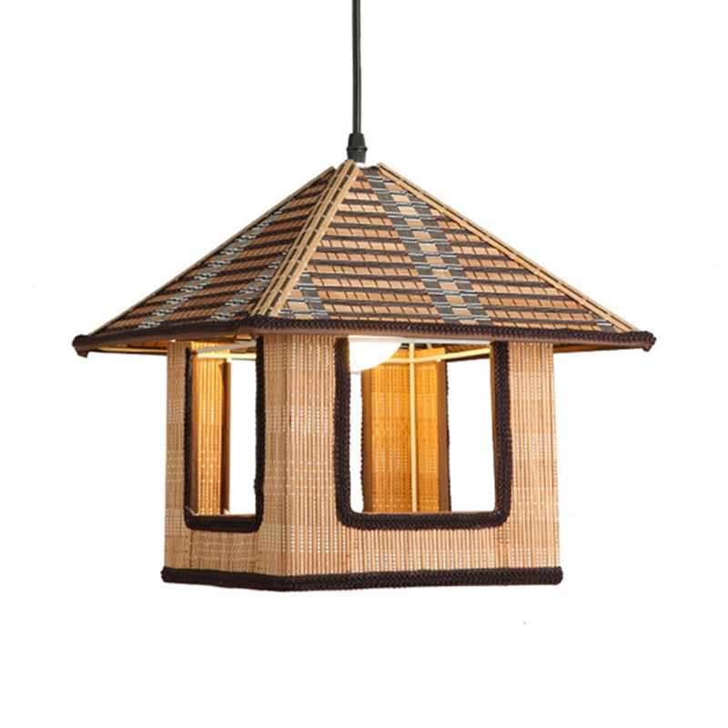 Knitted Bamboo House Shaped Pendant Lamp Farmhouse 1 Light Hanging Light for Cafe Restaurant