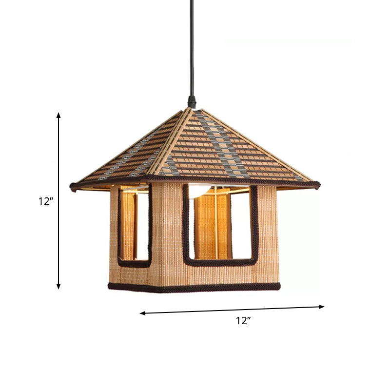 Knitted Bamboo House Shaped Pendant Lamp Farmhouse 1 Light Hanging Light for Cafe Restaurant