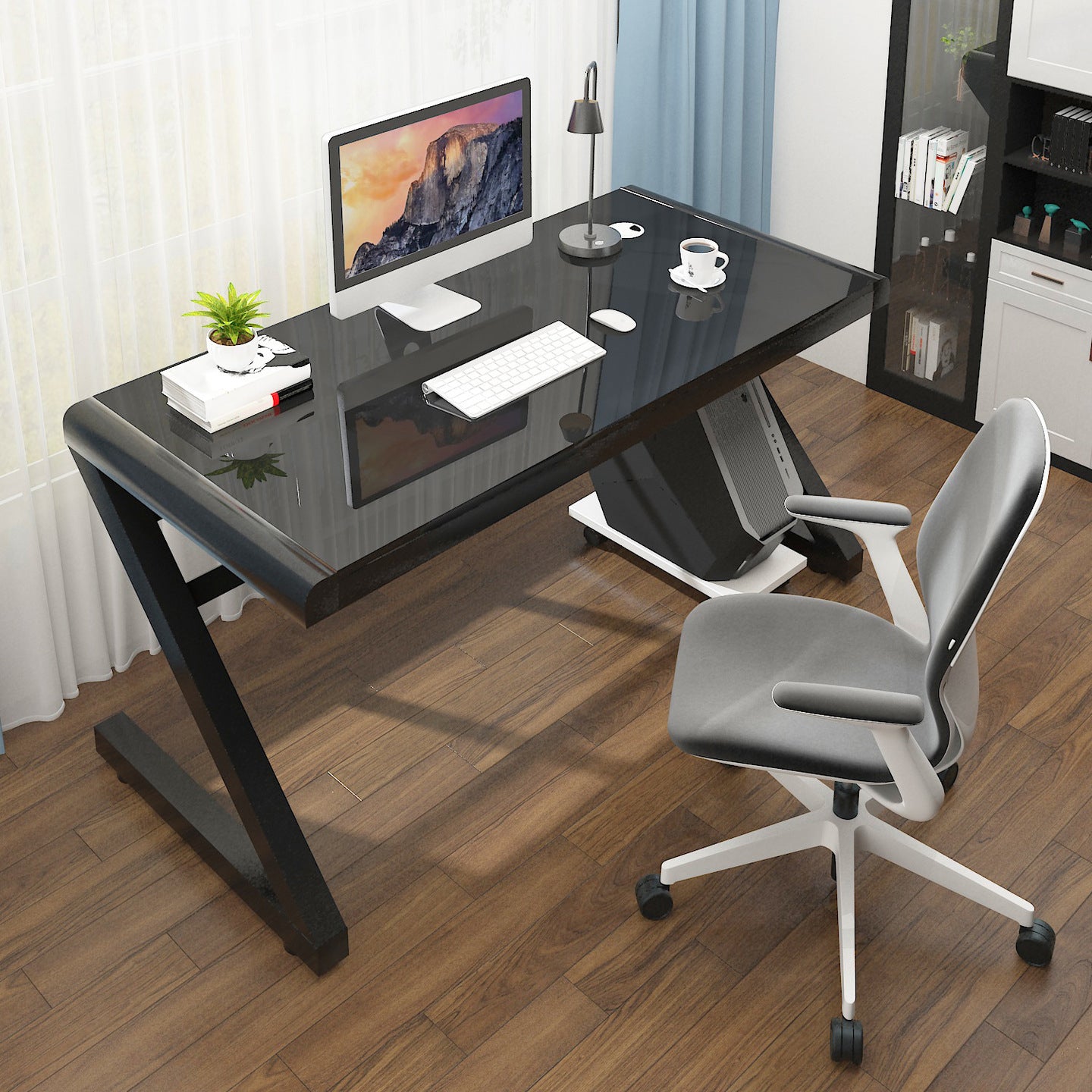 Contemporary Glass Computer Desk with Cable Management Writing Desk