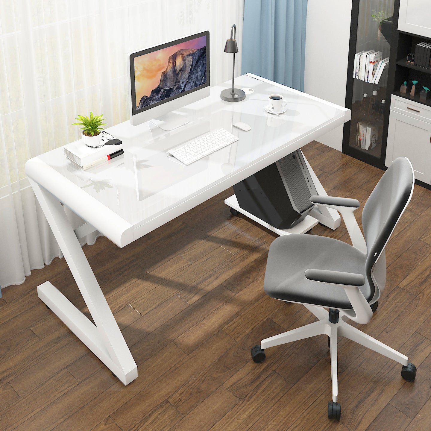 Contemporary Glass Computer Desk with Cable Management Writing Desk