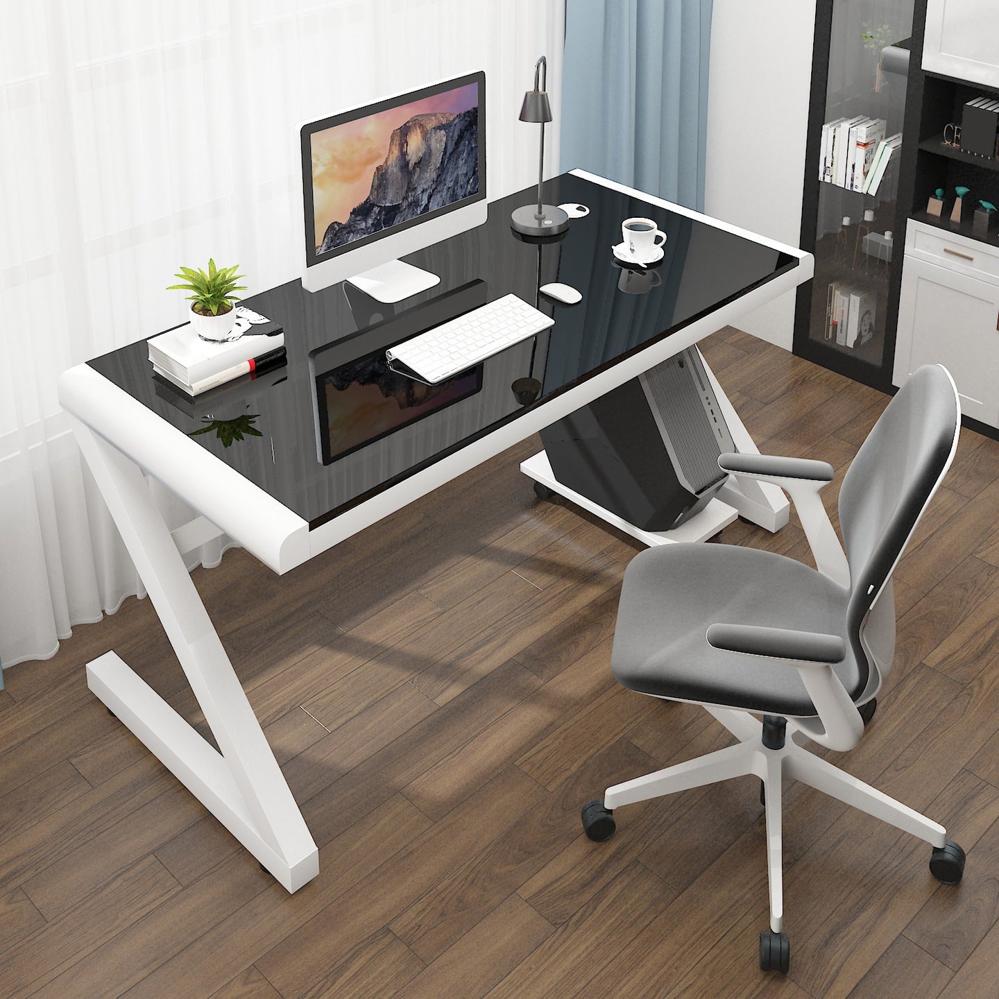 Contemporary Glass Computer Desk with Cable Management Writing Desk