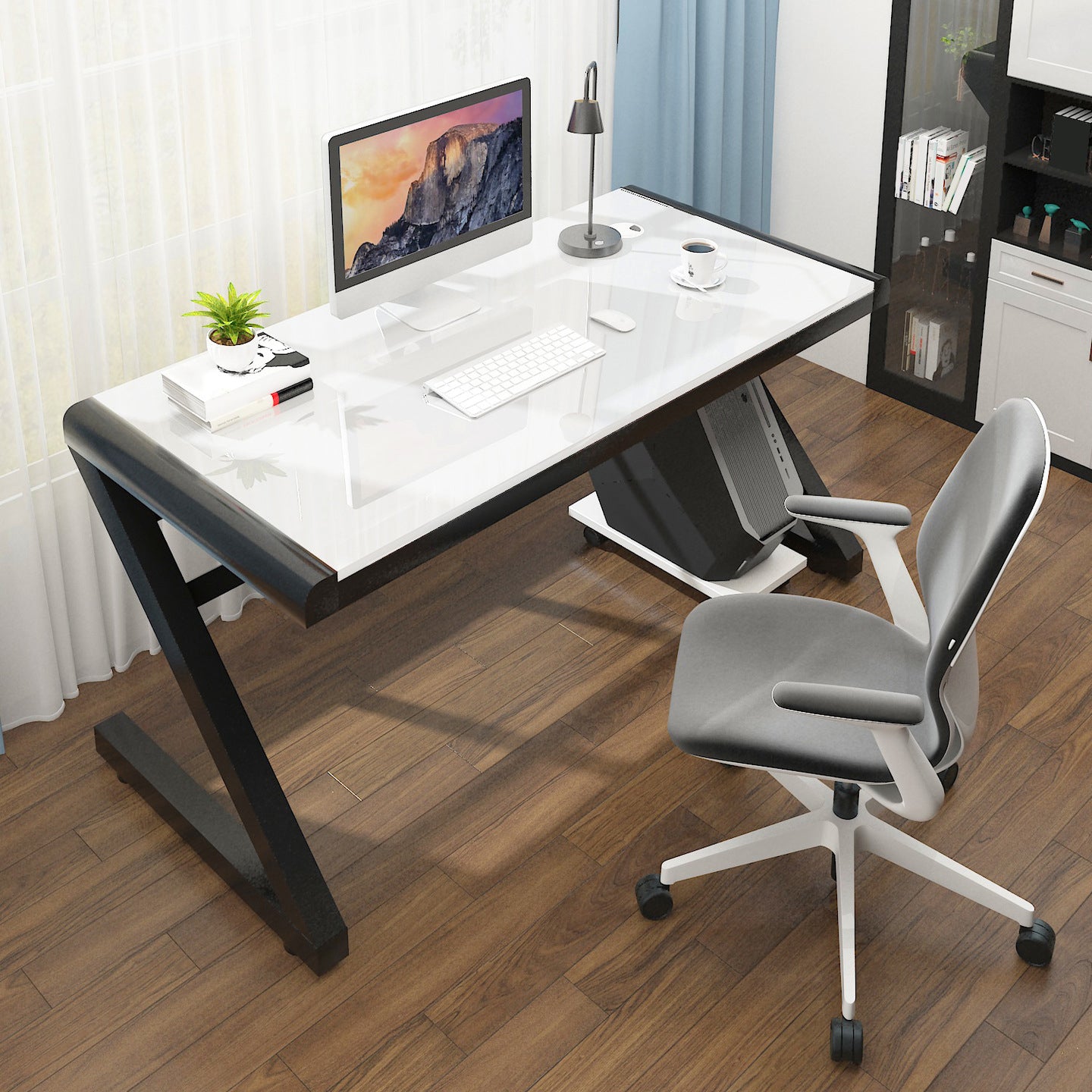 Contemporary Glass Computer Desk with Cable Management Writing Desk