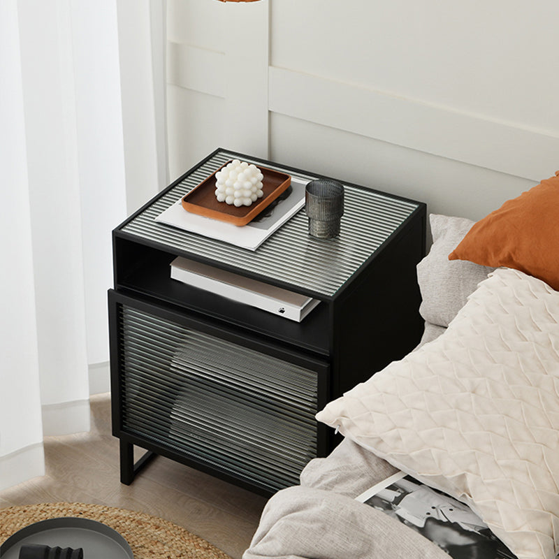 Wooden and Glass Bedside Table Modern Minimalist Bed Nightstand with Legs