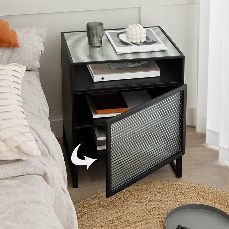 Wooden and Glass Bedside Table Modern Minimalist Bed Nightstand with Legs