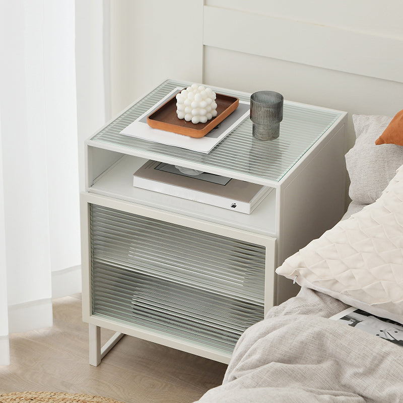 Wooden and Glass Bedside Table Modern Minimalist Bed Nightstand with Legs