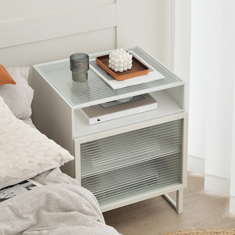 Wooden and Glass Bedside Table Modern Minimalist Bed Nightstand with Legs