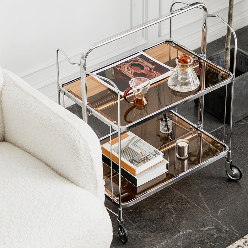 Contemporary Glass Top Corner Table with Shelf, Rectangular Side Table