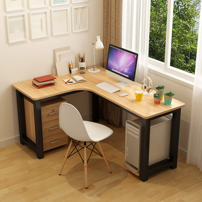 Modern Corner Wooden Writing Desk Cable Management H-Shape Office Desk with Metal Legs